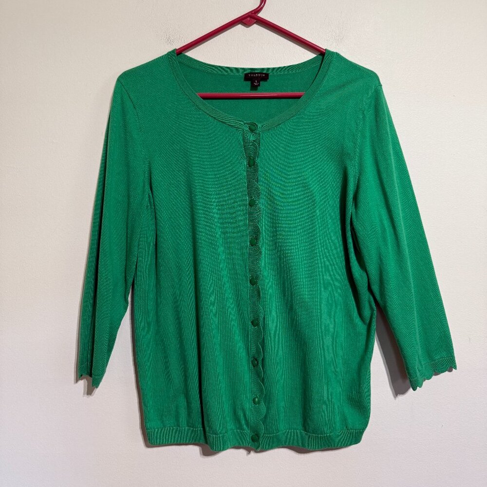 Like New Talbots Cotton Green Scalloped 3/4 Sleeve Cardigan, Large